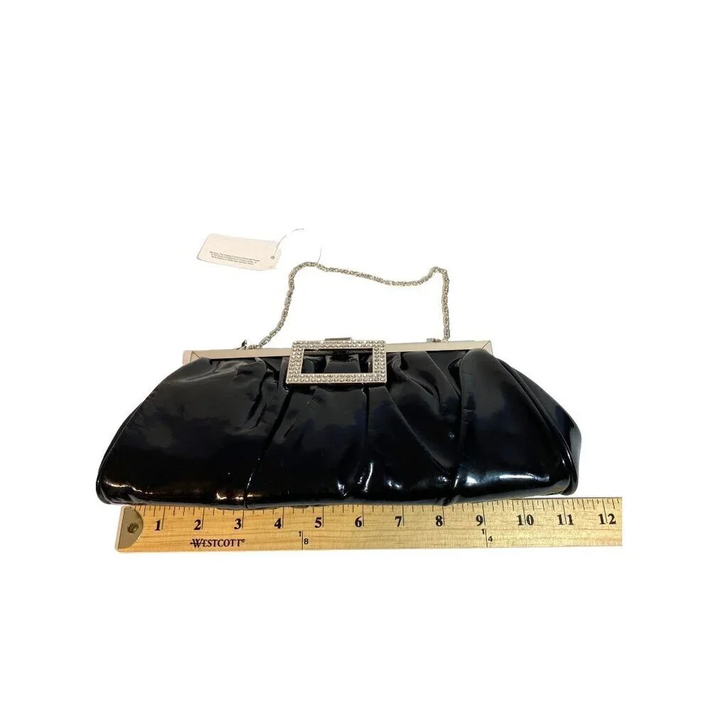 New Black Glossy Convertible Evening Bag Clutch with Rhinestone‎ Closure